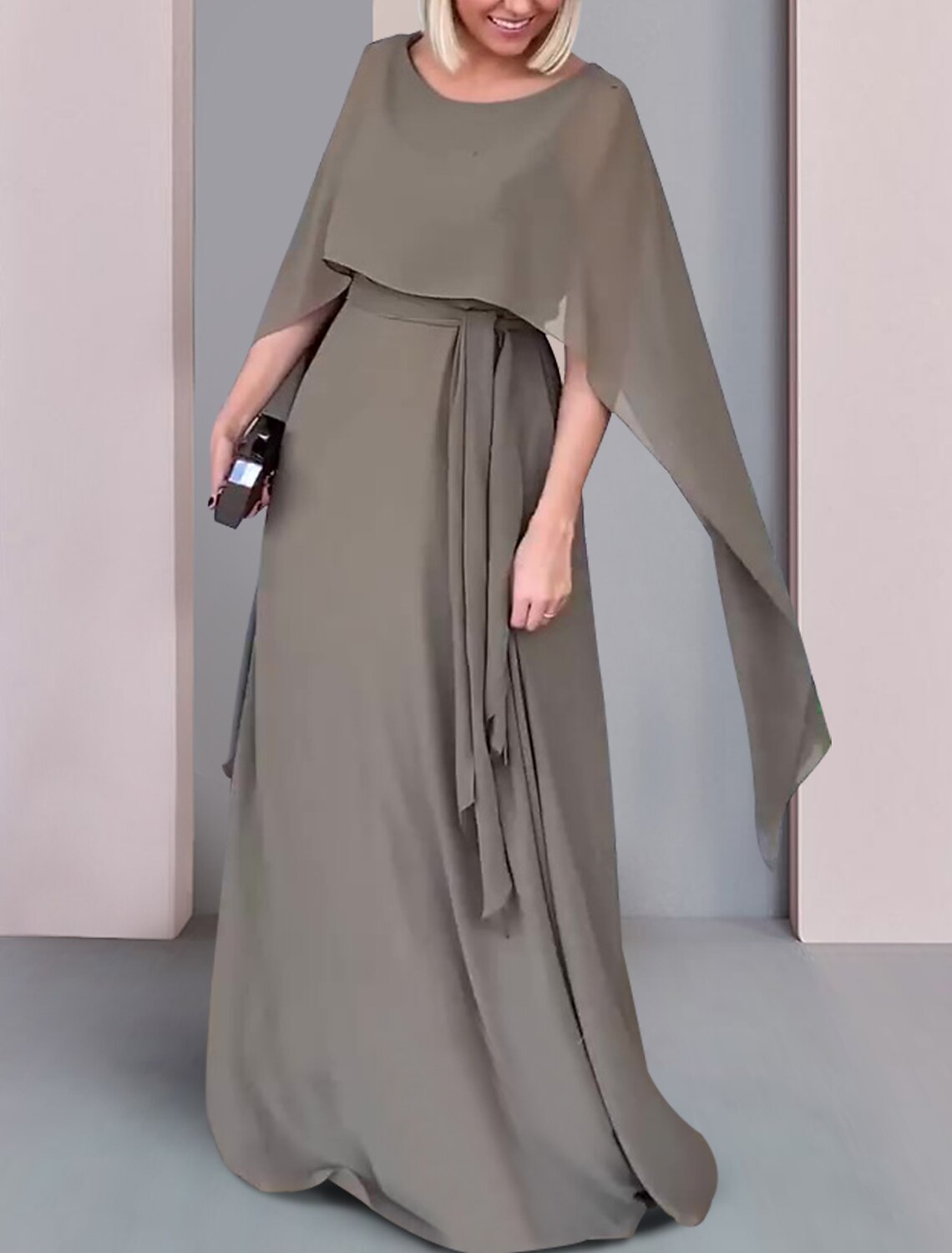 Wholesale Sheath / Column Mother of the Bride Dress Formal Wedding Guest Elegant Scoop Neck Floor Length Chiffon Sleeveless with Pleats